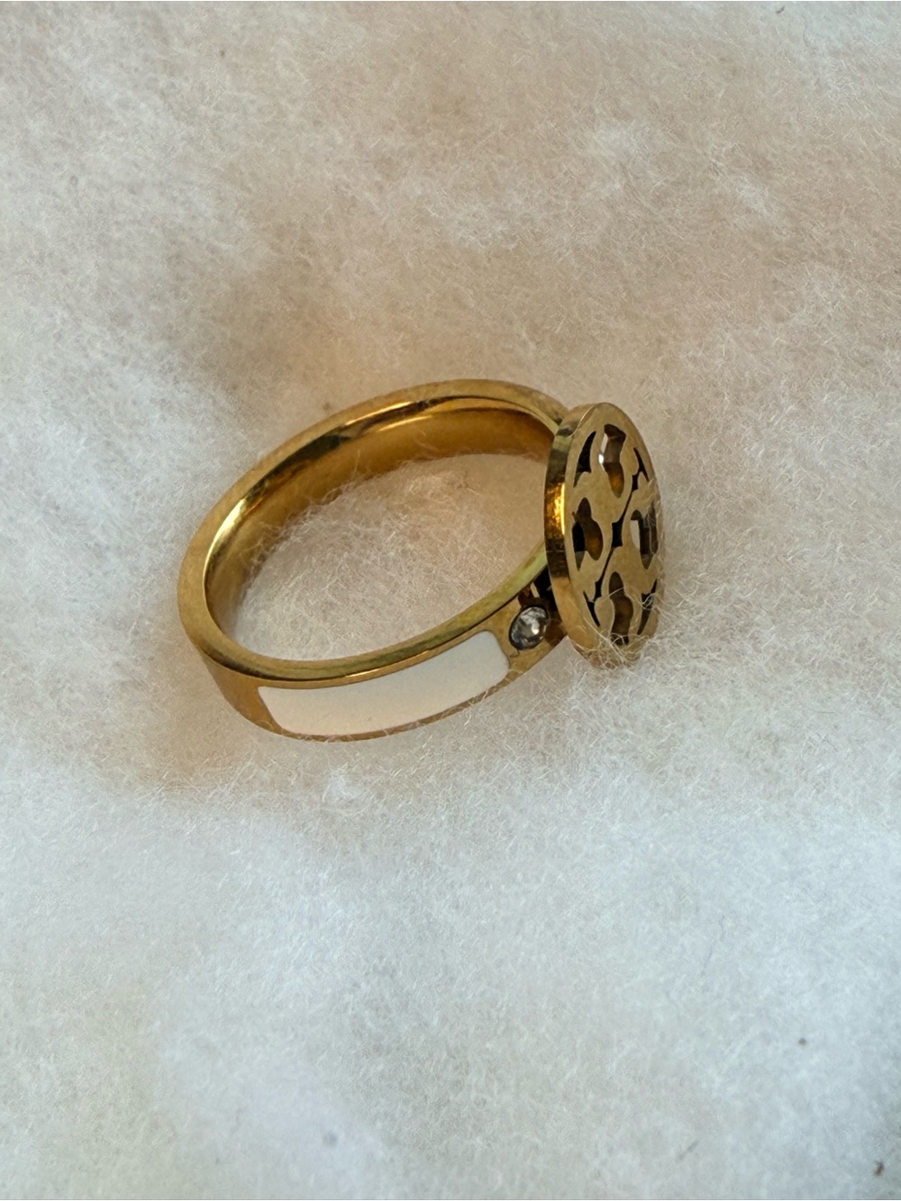 Gold Tone Monogram Style Statement Ring with White Enamel